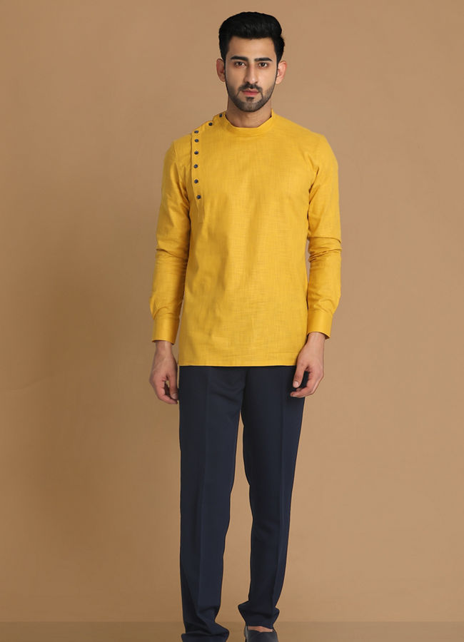 alt message - Manyavar Men Mustard Side Open Short Kurta image number 1